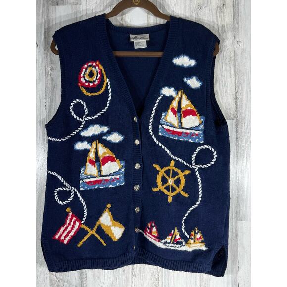 Kathie Lee Cardigan Sweater Vest Size Medium Navy Blue Nautical Embroidered - Picture 1 of 8